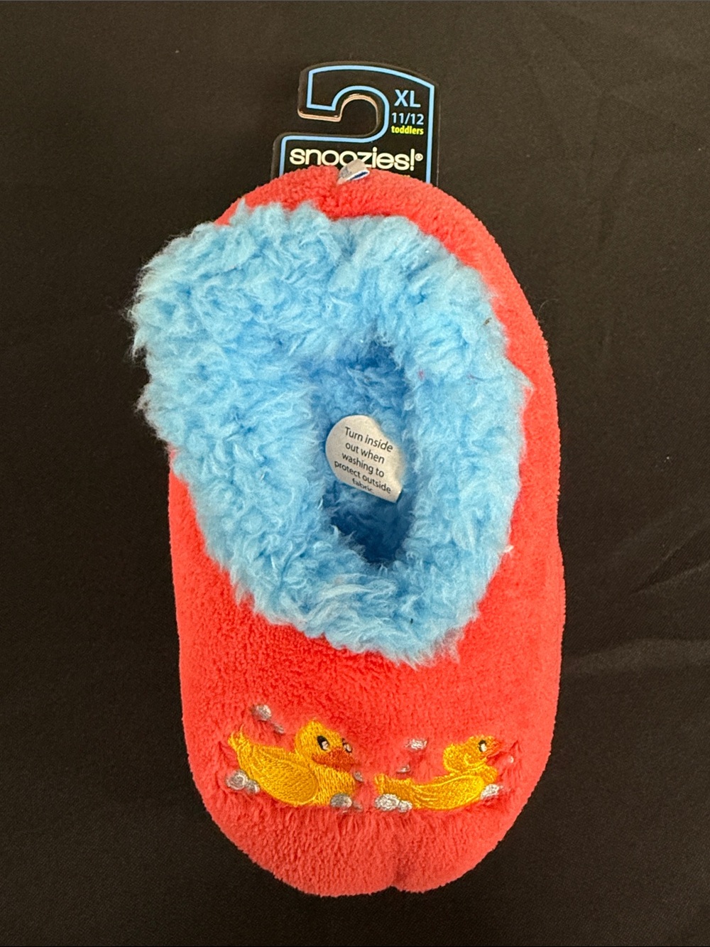 Snoozies! Toddlers Plush Slippers - Red with Blue Lining, Duck Embroidery